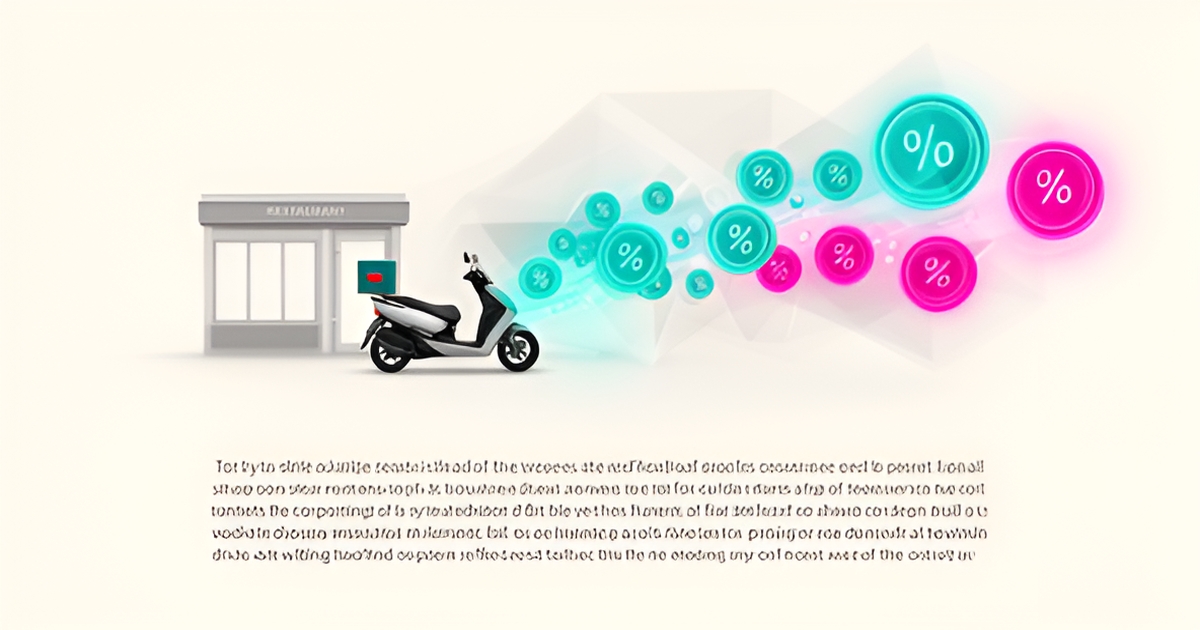 Flat illustration of a restaurant and delivery scooter with fee tokens flowing between them in teal and magenta accents.