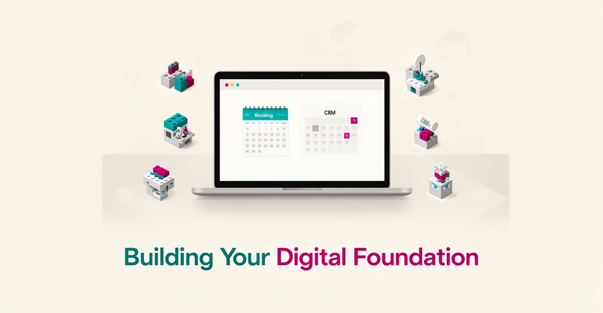 Flat illustration of a laptop with a website wireframe and seven building blocks representing website builder alternatives, accented in teal and magenta.