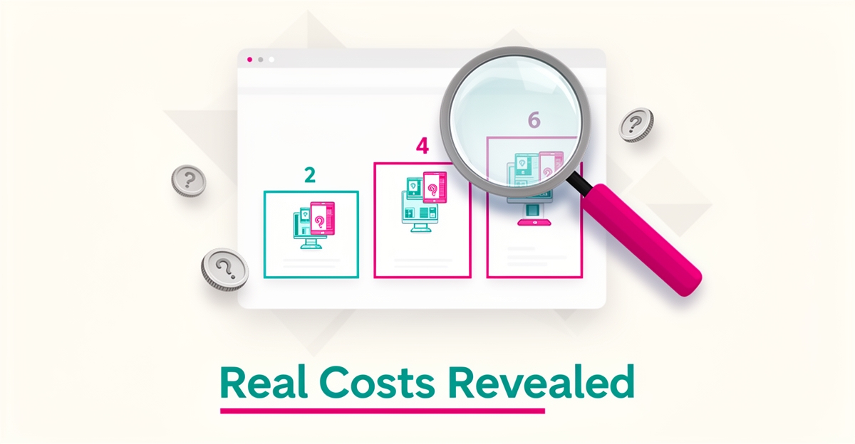 Flat illustration of three tiered pricing cards under a magnifying glass, highlighting hidden costs in field service software pricing.