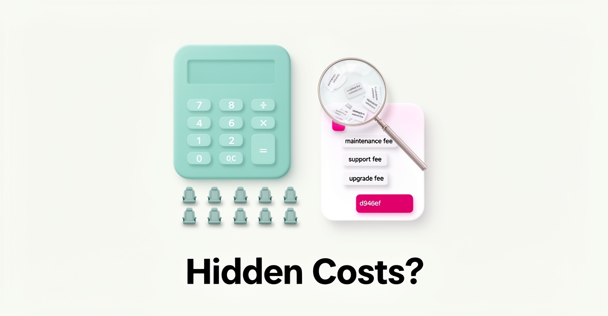 Flat illustration of a pricing card with seat icons and a magnifying glass revealing hidden fee tags, accented in teal and magenta.