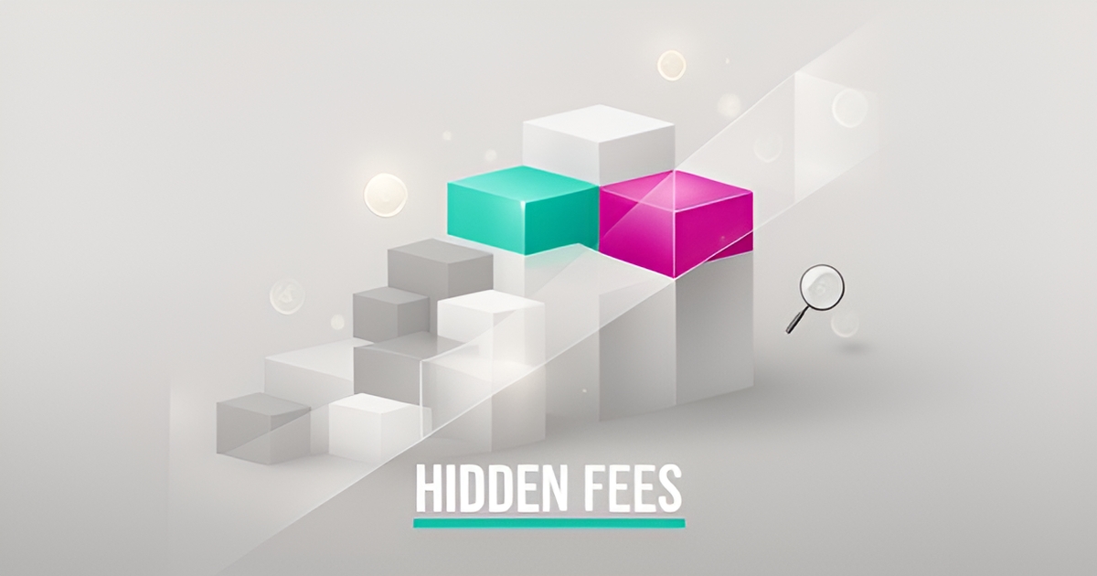 Minimalist flat illustration of ascending pricing tier blocks in teal and magenta with a headline reading Hidden Fees, symbolizing Framer's rising real costs.