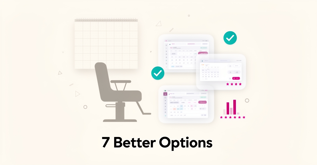 Flat illustration of a salon booking calendar and interface panels with ranking checkmarks, headline reading 7 Better Options for salon software alternatives.