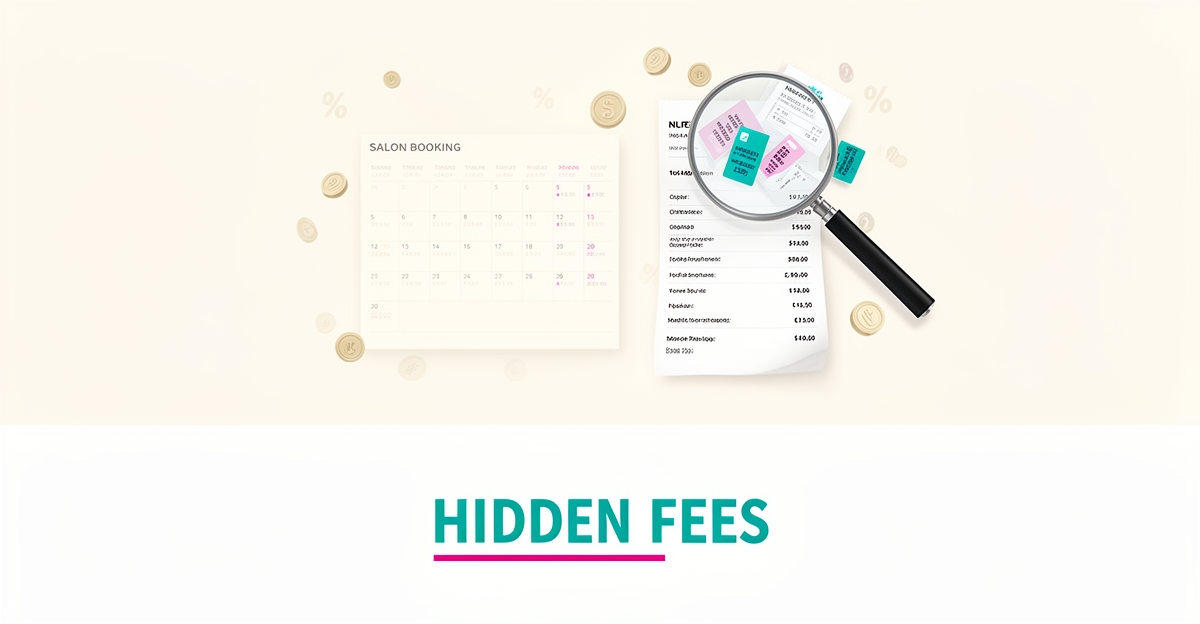 Flat illustration of a salon booking calendar under a magnifying glass revealing hidden fee tags, in teal and magenta brand colors.