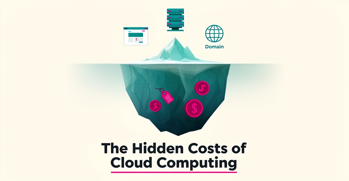 Flat illustration of an iceberg with website, hosting, and domain icons above water and hidden cost elements below, symbolizing GoDaddy's hidden renewal fees.