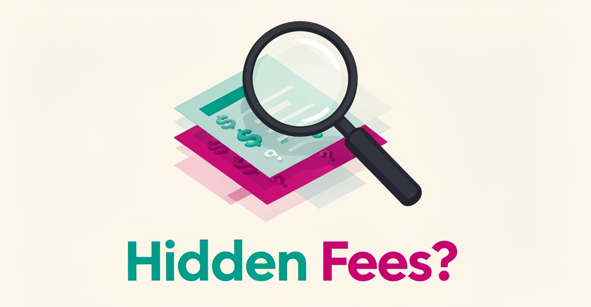 Flat illustration of a magnifying glass revealing hidden costs on layered pricing documents, with headline Hidden Fees?
