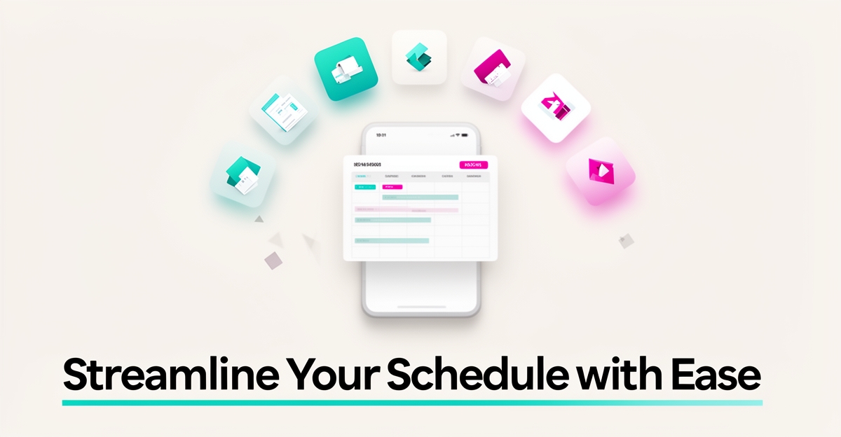 Flat illustration of a cleaning business scheduling app surrounded by seven alternative software option cards in teal and magenta.