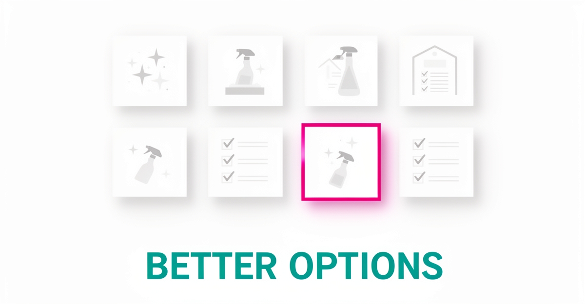 Flat illustration of seven house cleaning software option tiles with teal and magenta accents, one highlighted as a better alternative.