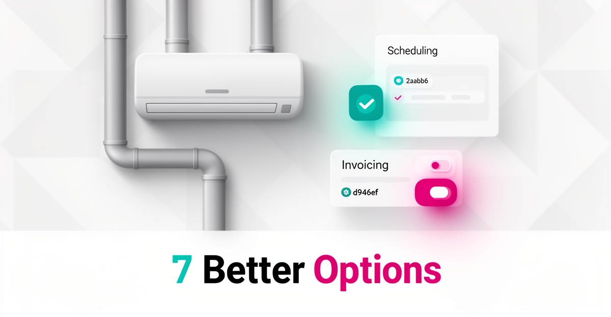 Flat illustration of HVAC equipment and field-service software cards with a headline reading 7 Better Options.