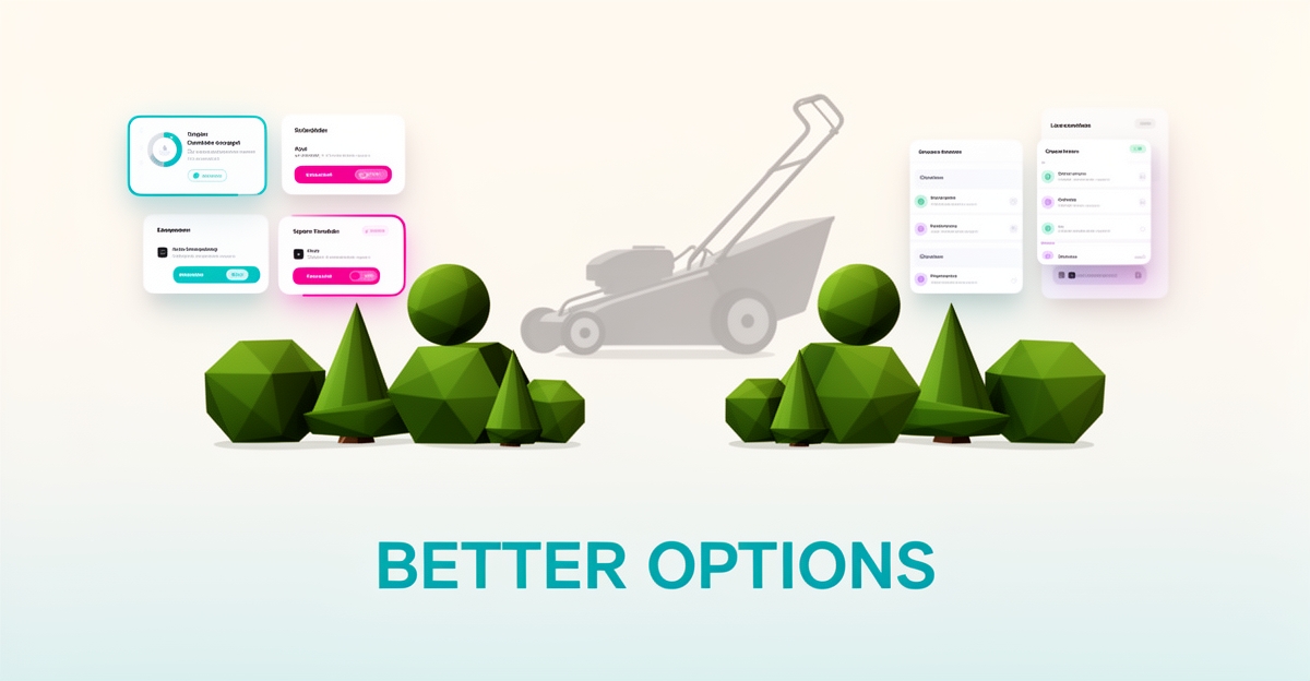 Flat illustration of landscaping tools and software comparison cards in teal and magenta with the headline Better Options.