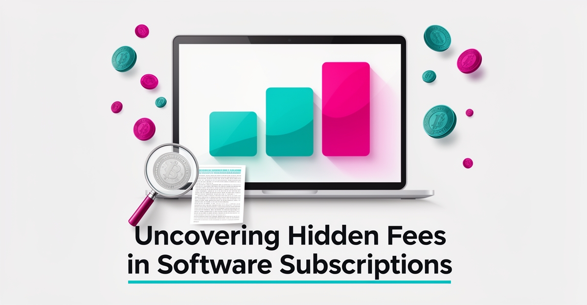 Flat illustration of a laptop with pricing tier bars, calculator, and magnifying glass revealing hidden software fees, accented in teal and magenta.