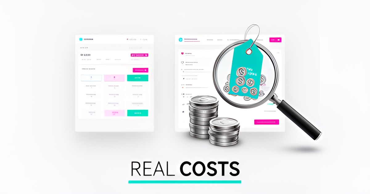 Flat illustration of a pricing calculator, coins, and CRM dashboard with a magnifying glass revealing hidden fees, accented in teal and magenta.
