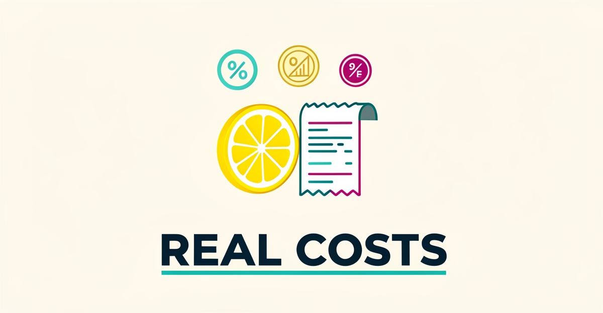 Flat illustration of a lemon slice, receipt, and coins representing Lemon Squeezy transaction fees with the headline Real Costs.