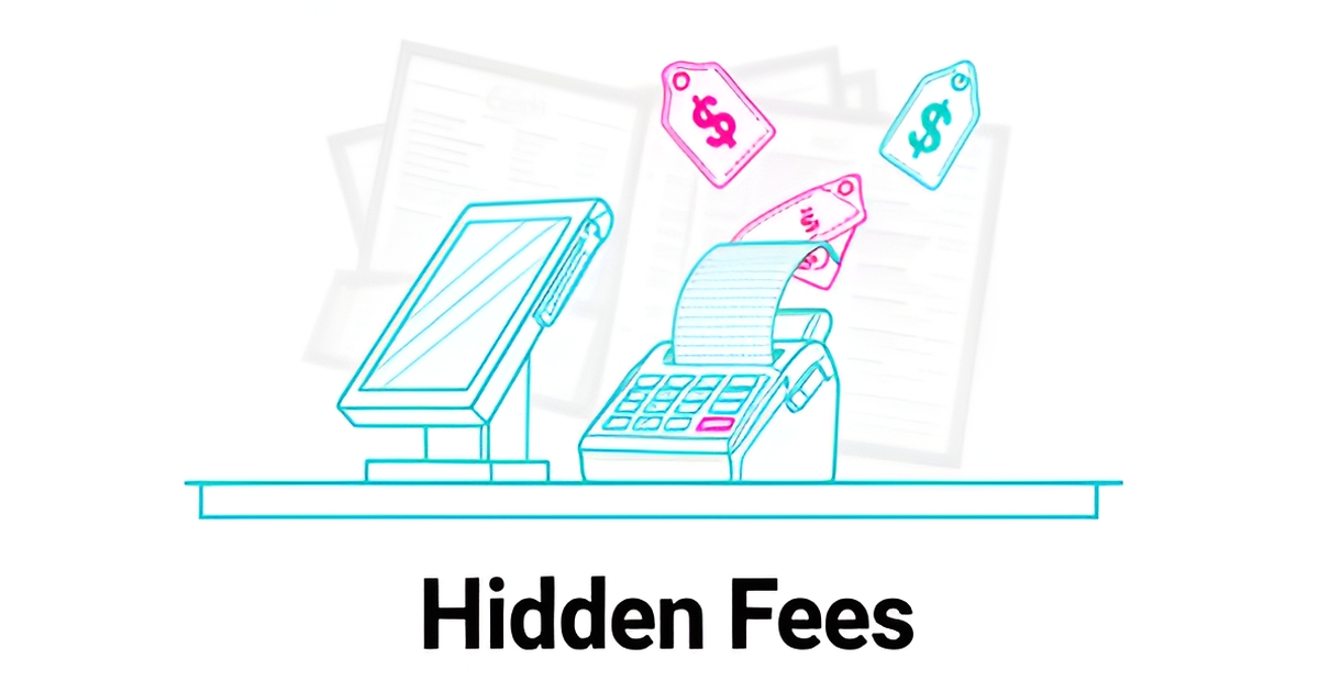 Flat illustration of a restaurant payment terminal and receipt with floating price tags, accented in teal and magenta, with the headline Hidden Fees.