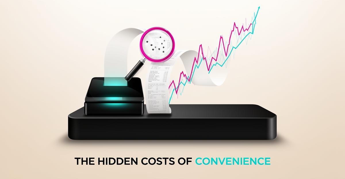 Flat illustration of a retail POS register with a receipt turning into a rising cost chart and a magnifying glass revealing hidden fees in teal and magenta accents.