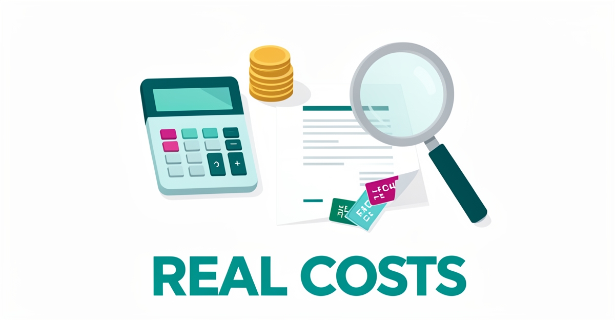 Flat illustration of an invoice with calculator and coins, magnifying glass revealing hidden fee tags, teal and magenta accents with REAL COSTS headline.
