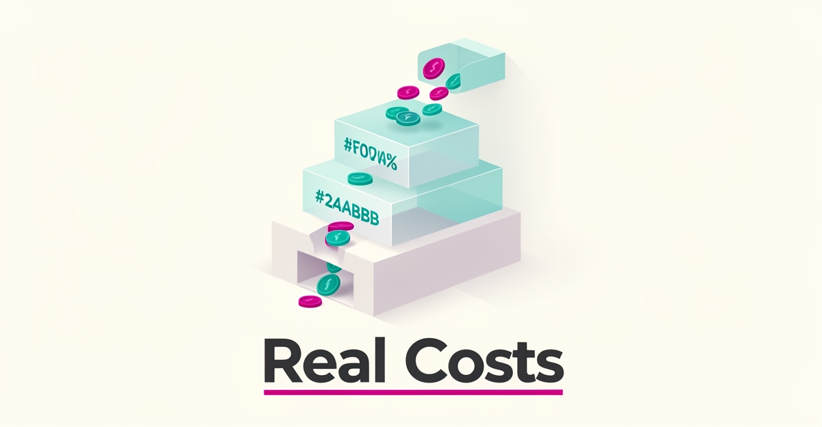 Flat illustration of pricing tiers with credits flowing into hidden compartments, accented in teal and magenta, with headline Real Costs.