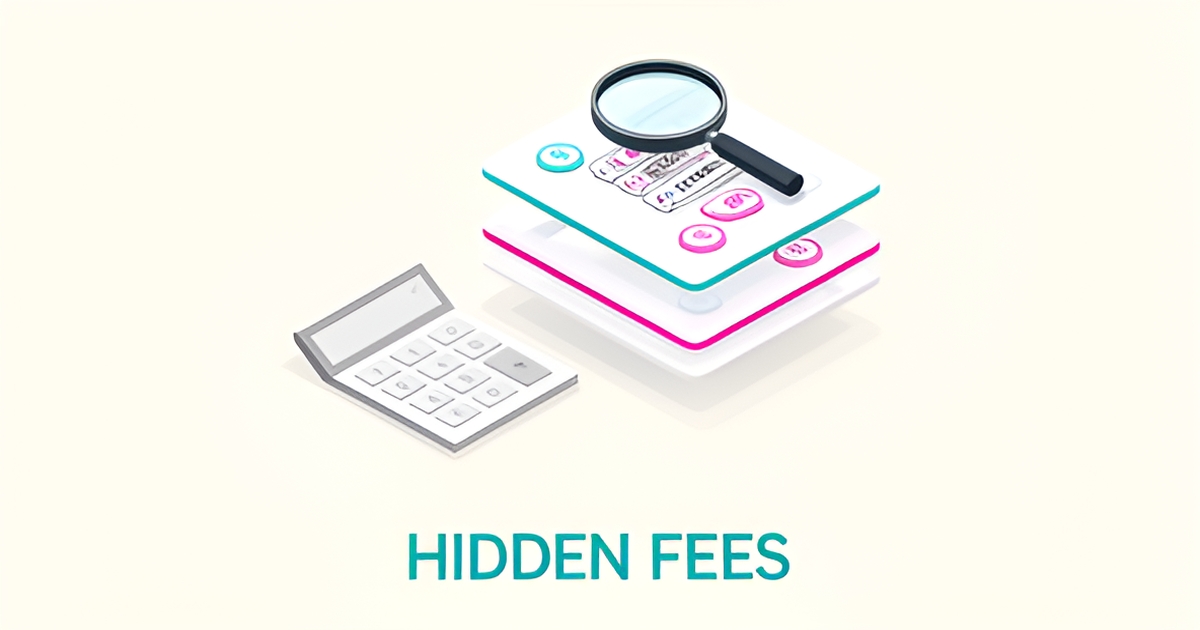 Flat illustration of stacked pricing cards with a magnifying glass revealing hidden fees, accented in teal and magenta.