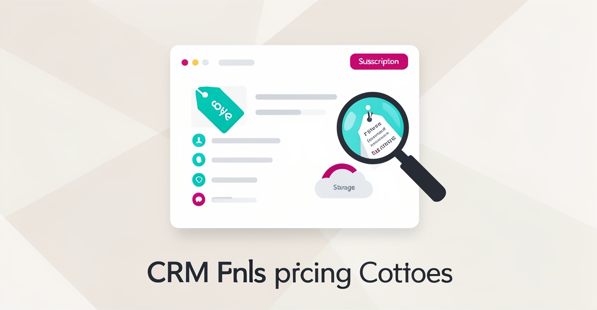 Minimalist flat illustration of a CRM pricing dashboard with teal and magenta accents, headline reading Real Costs in the lower third.