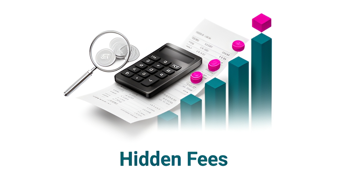 Flat illustration of a calculator and pricing receipt with hidden coins and a bar chart in teal and magenta, titled Hidden Fees.