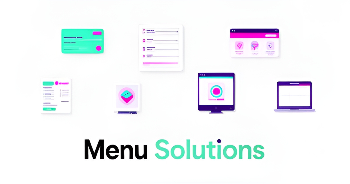 A modern illustration comparing 7 restaurant menu solutions with clean design and brand color accents.