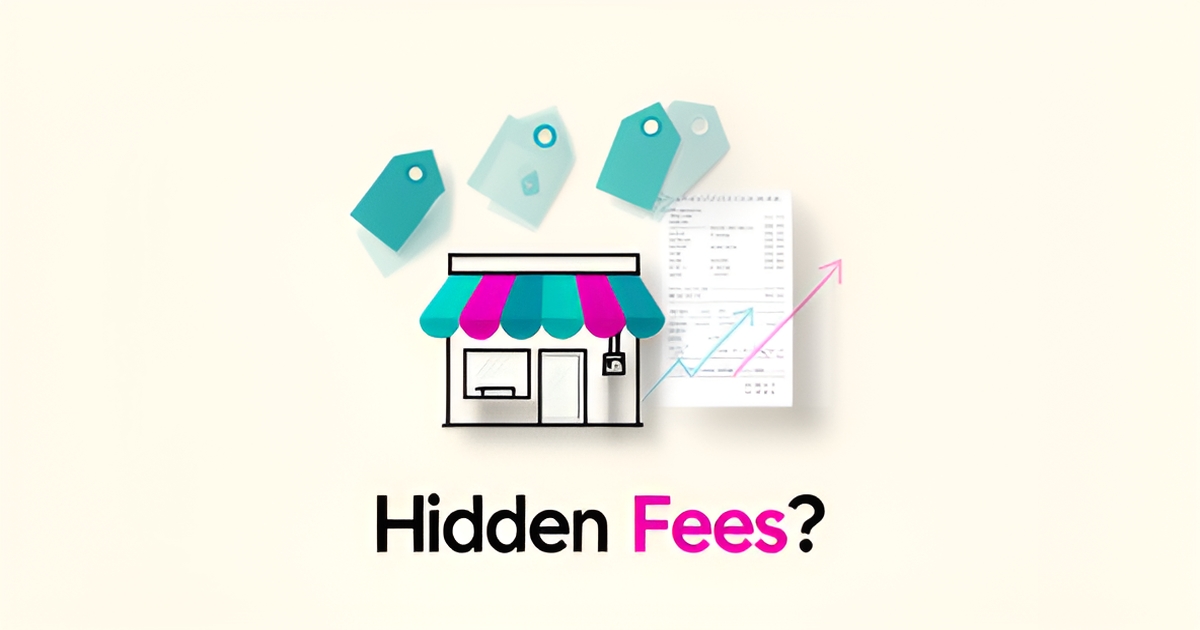 Flat illustration of a restaurant storefront with price tags and rising cost arrows, accented in teal and magenta, with a 'Hidden Fees?' headline.