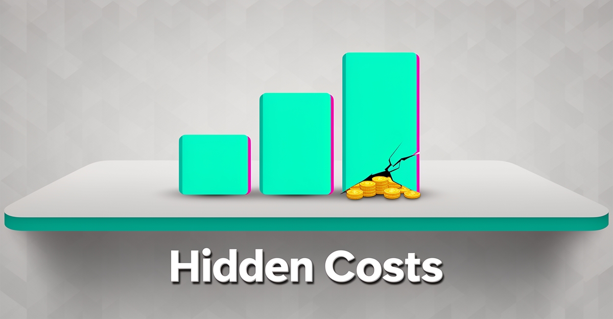 Flat illustration of pricing tier cards with hidden coins beneath, symbolizing hidden fees in website builder pricing, with headline Hidden Costs.
