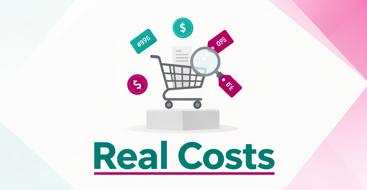 Flat illustration of a checkout cart with price tags and a magnifying glass examining fees, headline reading Real Costs.