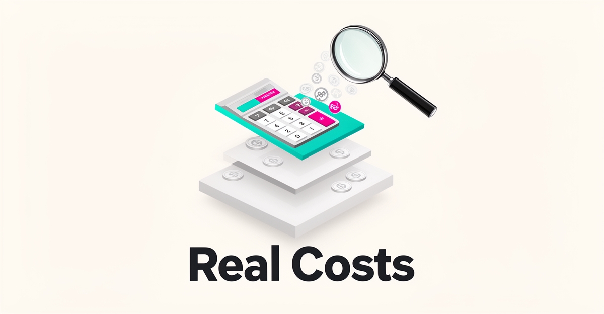 Flat illustration of tiered subscription pricing with a magnifying glass uncovering hidden fees, accented in teal and magenta.