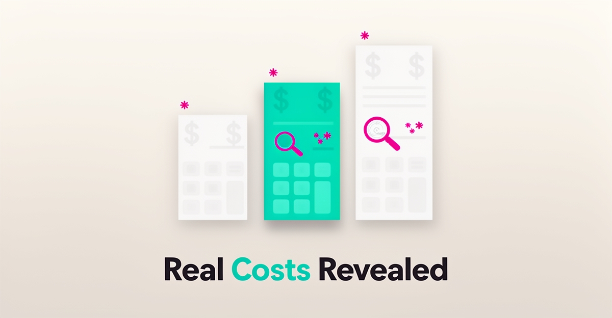 Flat illustration of three ascending pricing panels with hidden fee icons in teal and magenta, headline reading Real Costs Revealed.