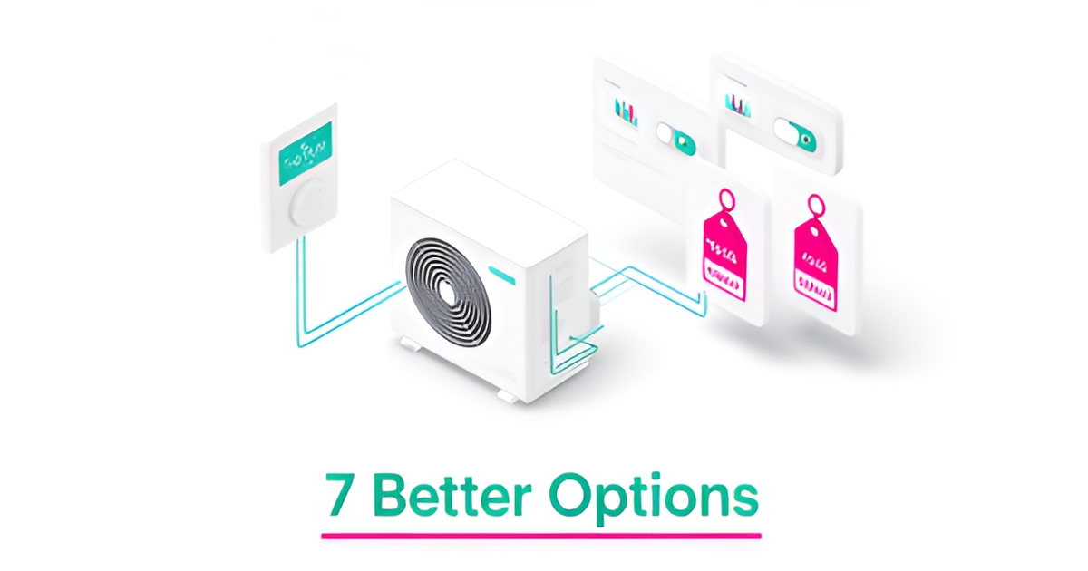 Flat illustration of HVAC tools and floating software dashboard cards in teal and magenta with the headline 7 Better Options.