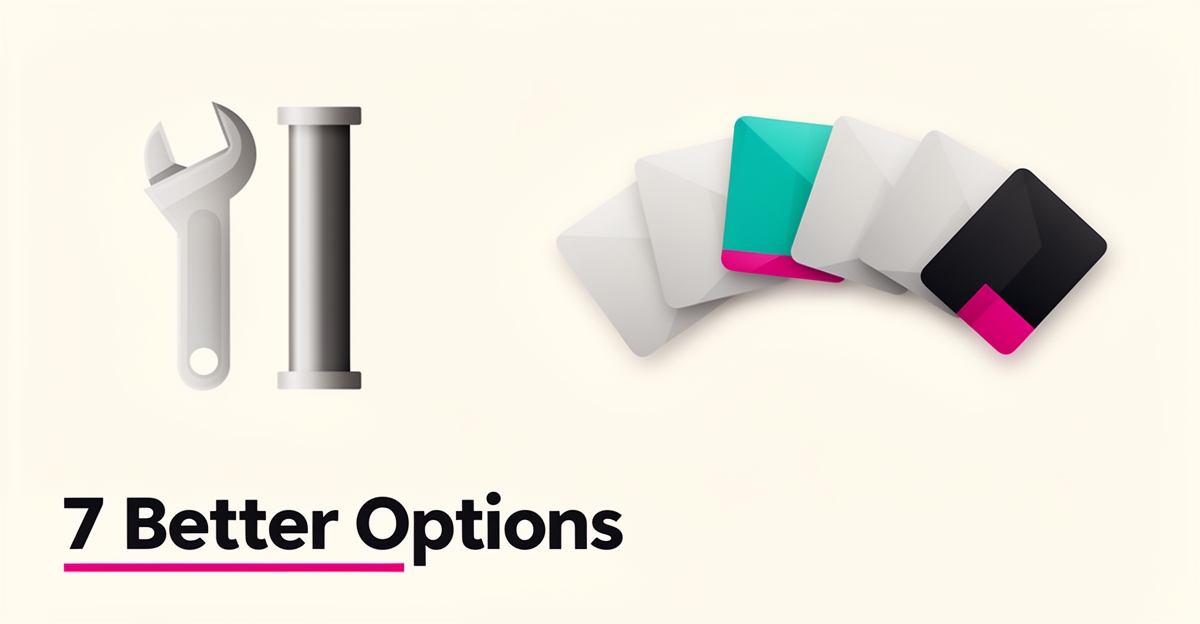 Flat illustration comparing seven plumbing software alternatives with wrench icon and highlighted option cards in teal and magenta.