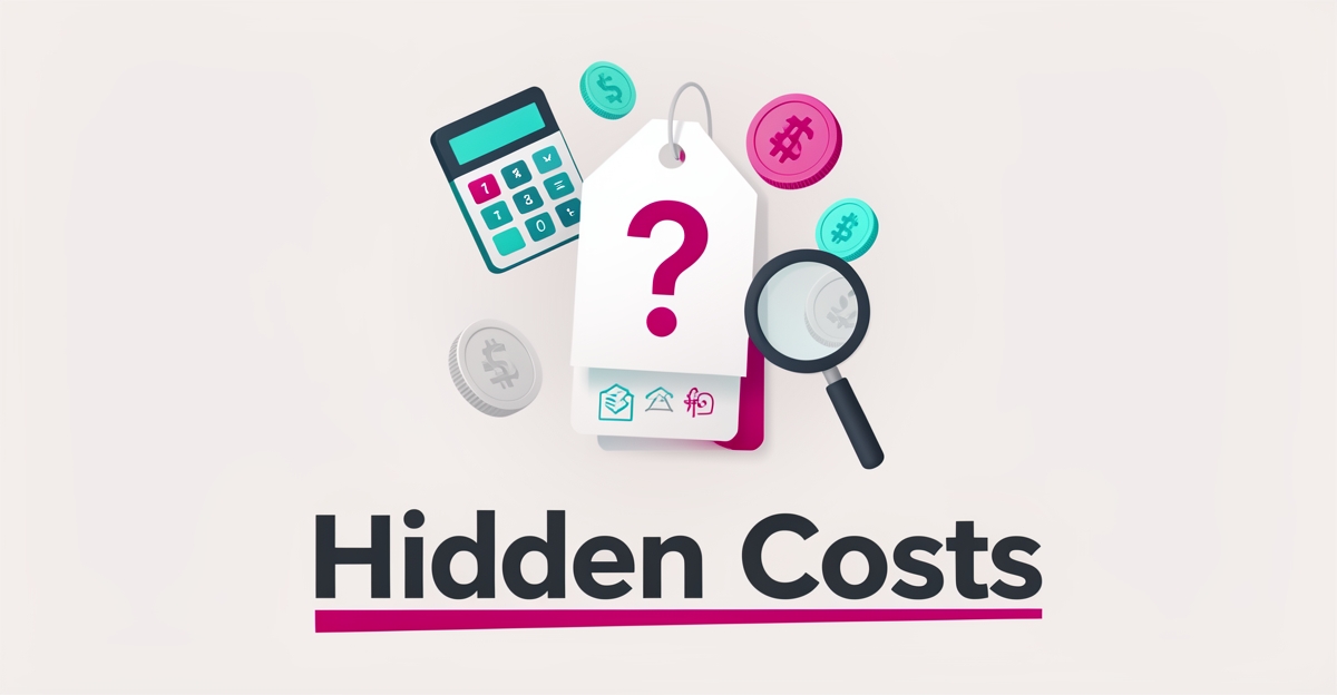 Flat illustration of a price tag with a question mark and magnifying glass representing hidden ServiceTitan pricing costs, with headline Hidden Costs.