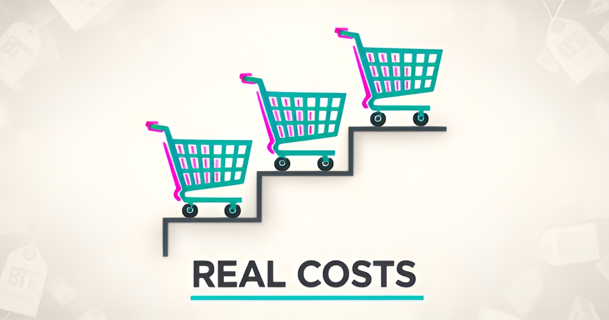 Flat illustration of ascending shopping carts in teal and magenta representing Shopify pricing tiers, with headline reading Real Costs.