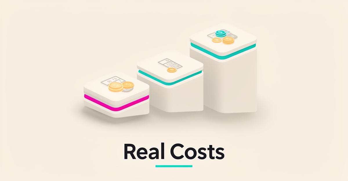 Flat illustration of tiered pricing platforms with teal and magenta accents, headline reading Real Costs for a Shoplazza pricing comparison article.