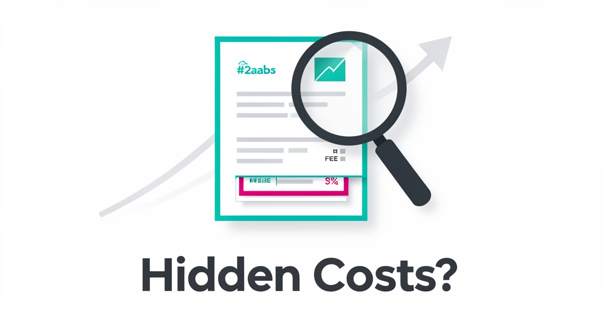 Flat illustration of a magnifying glass revealing hidden fee slips beneath a subscription invoice, with teal and magenta accents, headlined Hidden Costs?