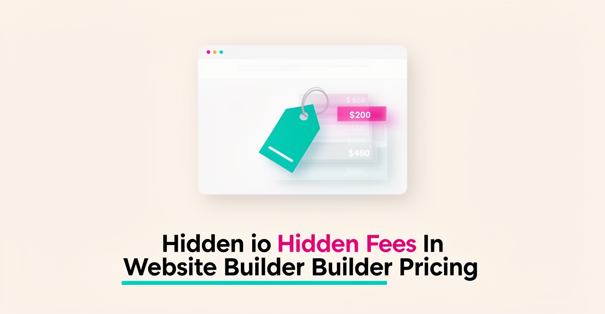 Flat illustration of a website pricing page with layered hidden cost elements in teal and magenta accents.