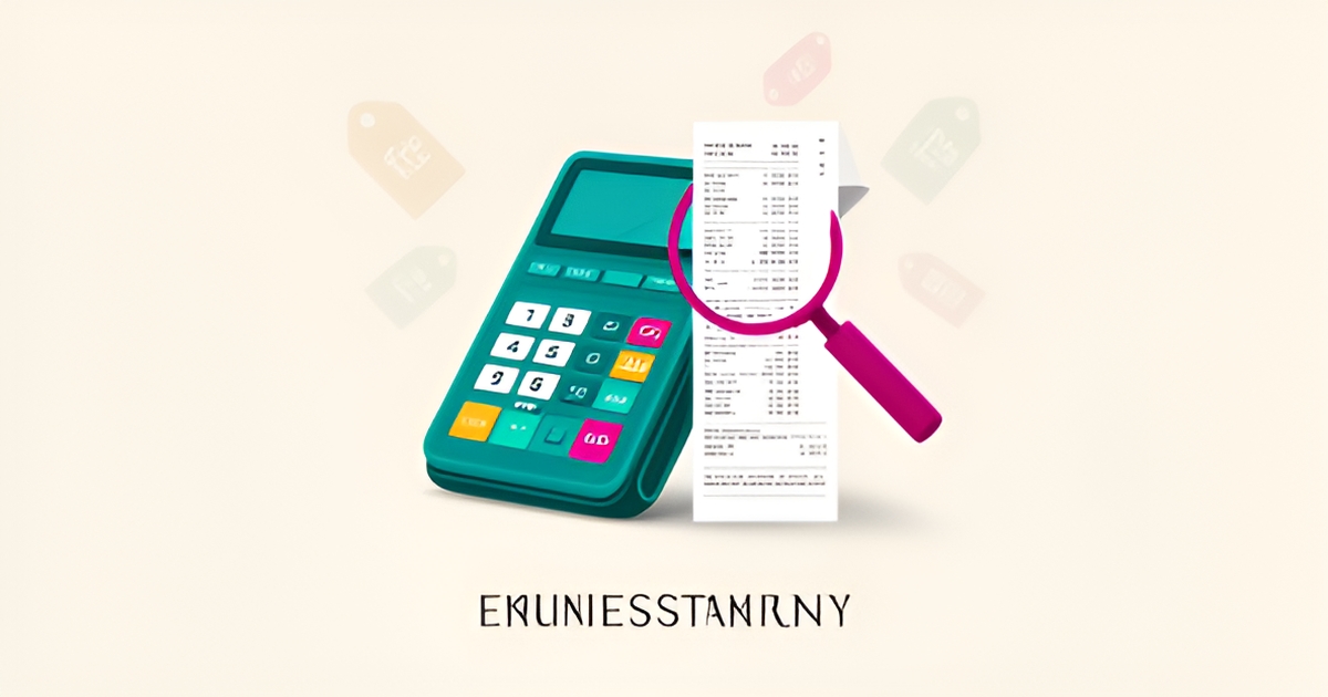 Flat illustration of a POS terminal under a magnifying glass revealing hidden restaurant payment fees in teal and magenta accents.
