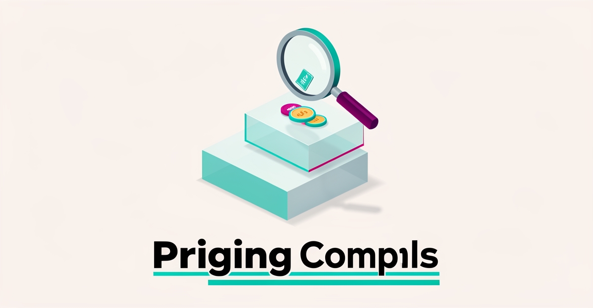 Flat illustration of tiered pricing blocks with a magnifying glass revealing hidden fee symbols, accented in teal and magenta.