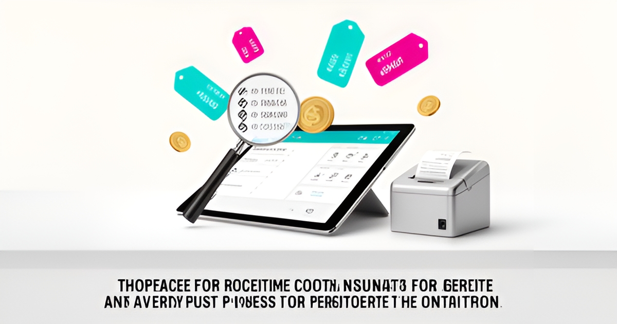 Flat illustration of a restaurant POS tablet with pricing tags and a magnifying glass exposing hidden fees, accented in teal and magenta.