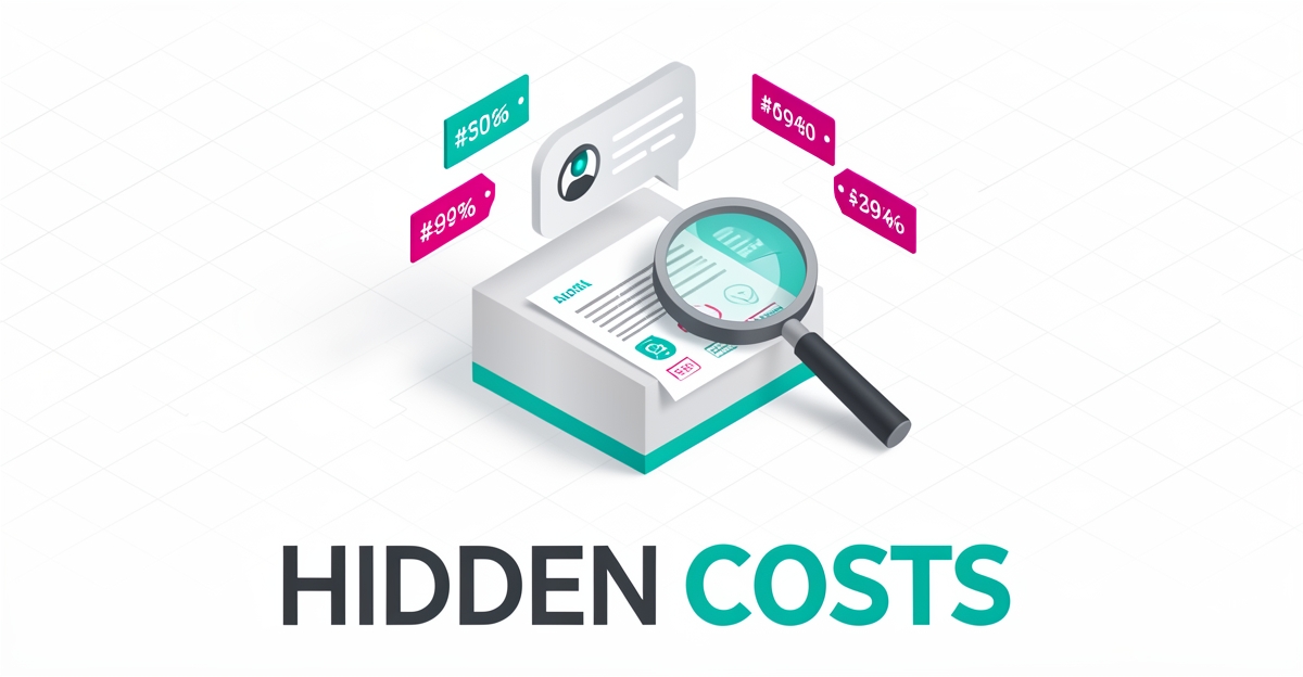 Flat illustration of an AI receptionist desk with magnifying glass revealing hidden fees on pricing documents, teal and magenta accents, headline Hidden Costs.