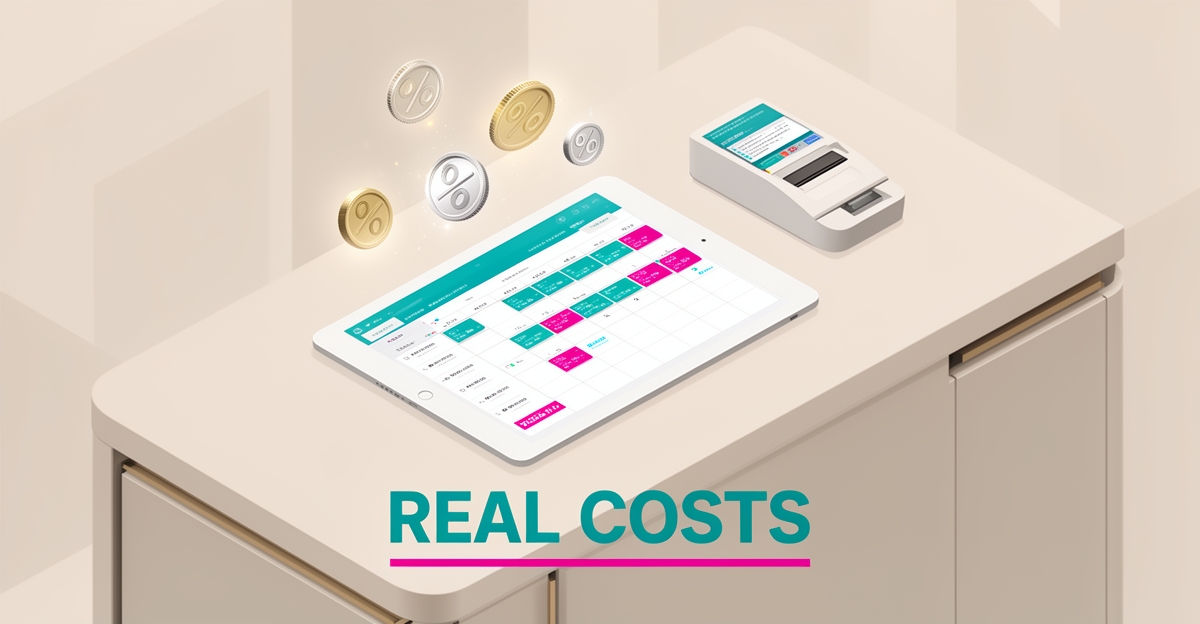 Flat illustration of a booking calendar on a tablet with payment terminal and coins, headlined Real Costs in teal and magenta accents.