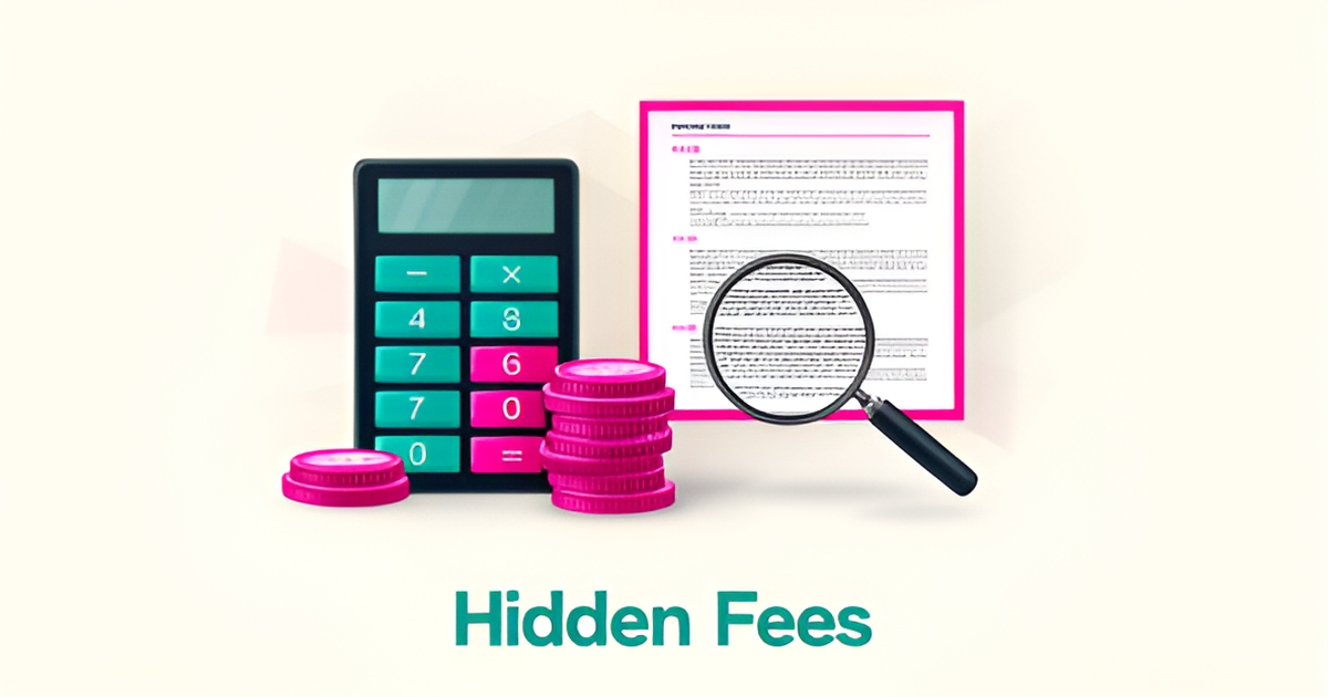 Flat illustration of a calculator, coins, and a pricing card under a magnifying glass revealing hidden fees, accented in teal and magenta.