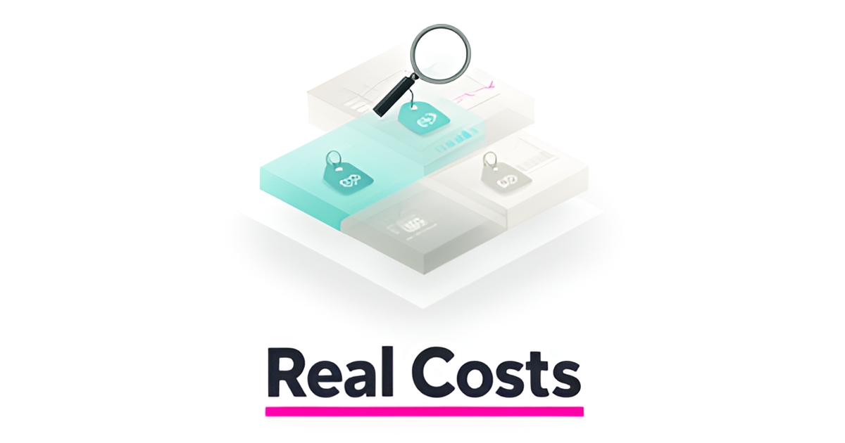Flat illustration of tiered pricing platforms with a magnifying glass revealing hidden costs, accented in teal and magenta.