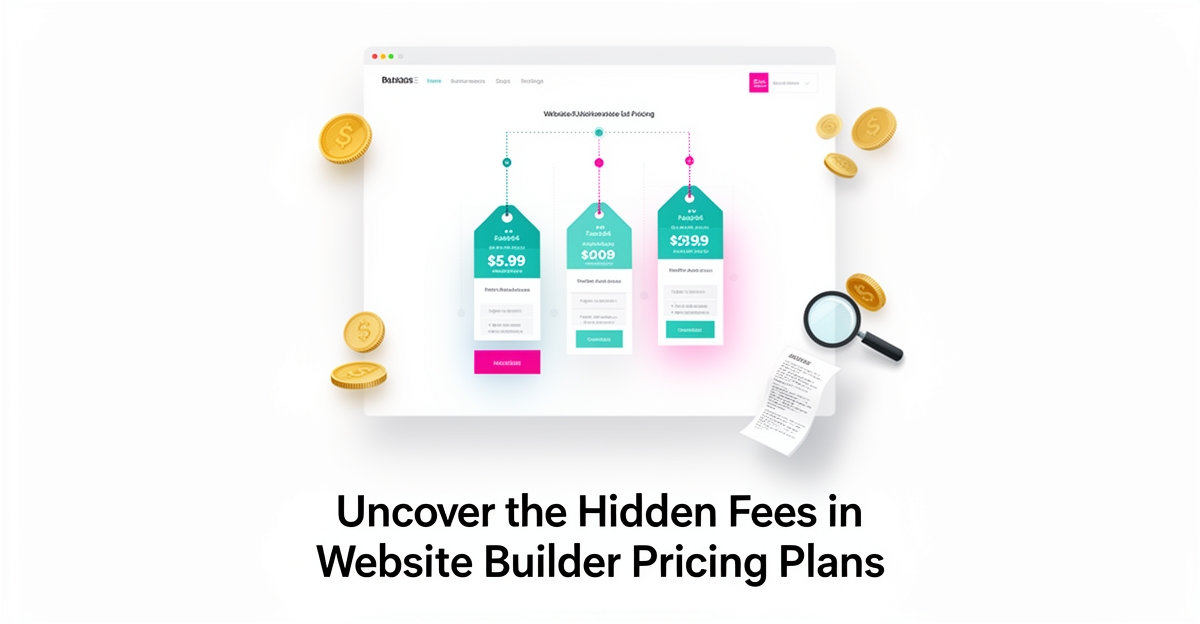 Flat illustration of tiered website pricing plans with a magnifying glass revealing hidden fees, accented in teal and magenta.
