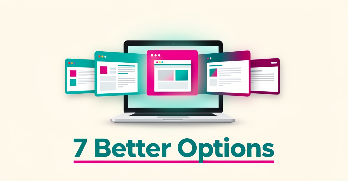 Flat illustration of seven website platform tiles fanning out from a laptop, headline reading 7 Better Options.