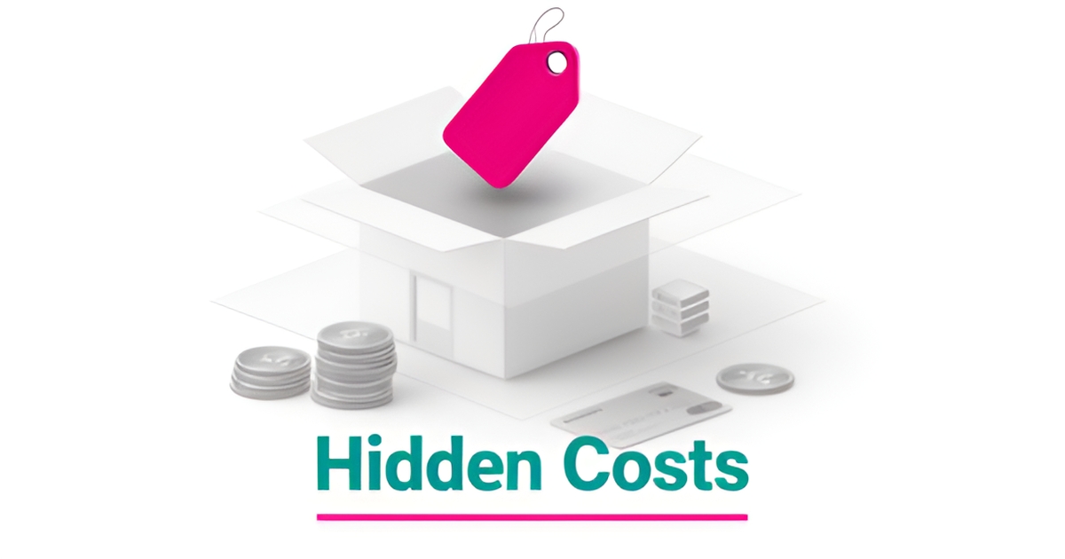 Flat illustration of an online store with a price tag and coins revealing hidden costs, accented in teal and magenta.