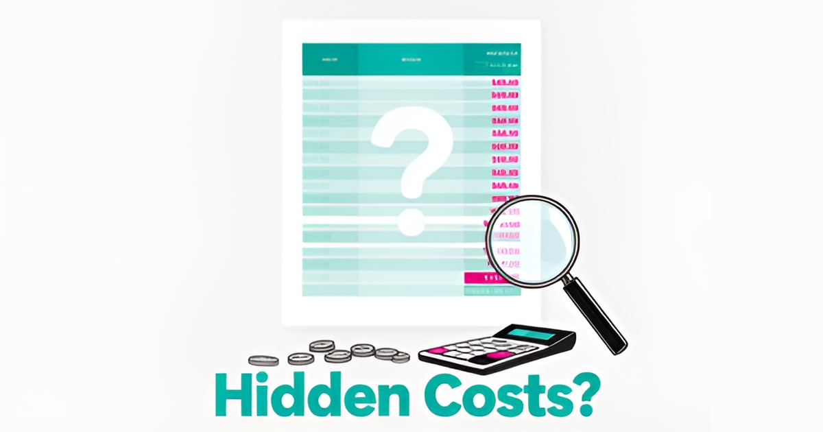 Flat illustration of a pricing document with hidden figures under a magnifying glass, questioning undisclosed software costs.