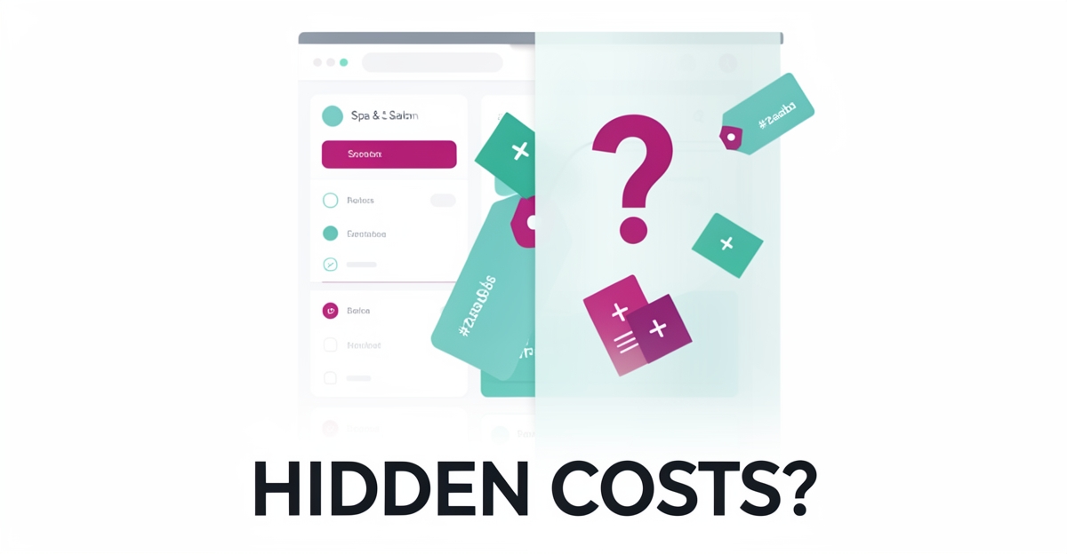 Flat illustration of a spa software dashboard hidden behind frosted glass with floating price tags and question marks in teal and magenta accents.
