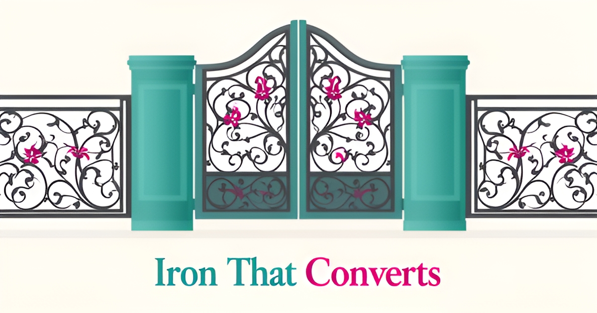 Flat illustration of ornamental wrought iron scrollwork in teal and magenta with a bold headline accent.