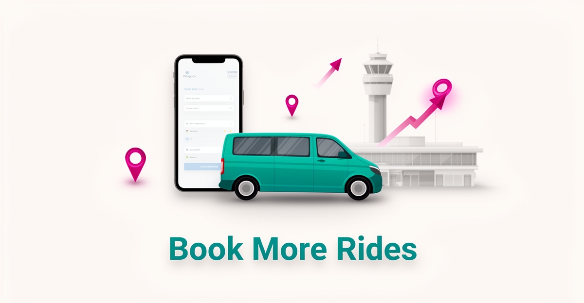 Flat illustration of a shuttle van, airport terminal, and phone showing a booking site with local search pins in teal and magenta.